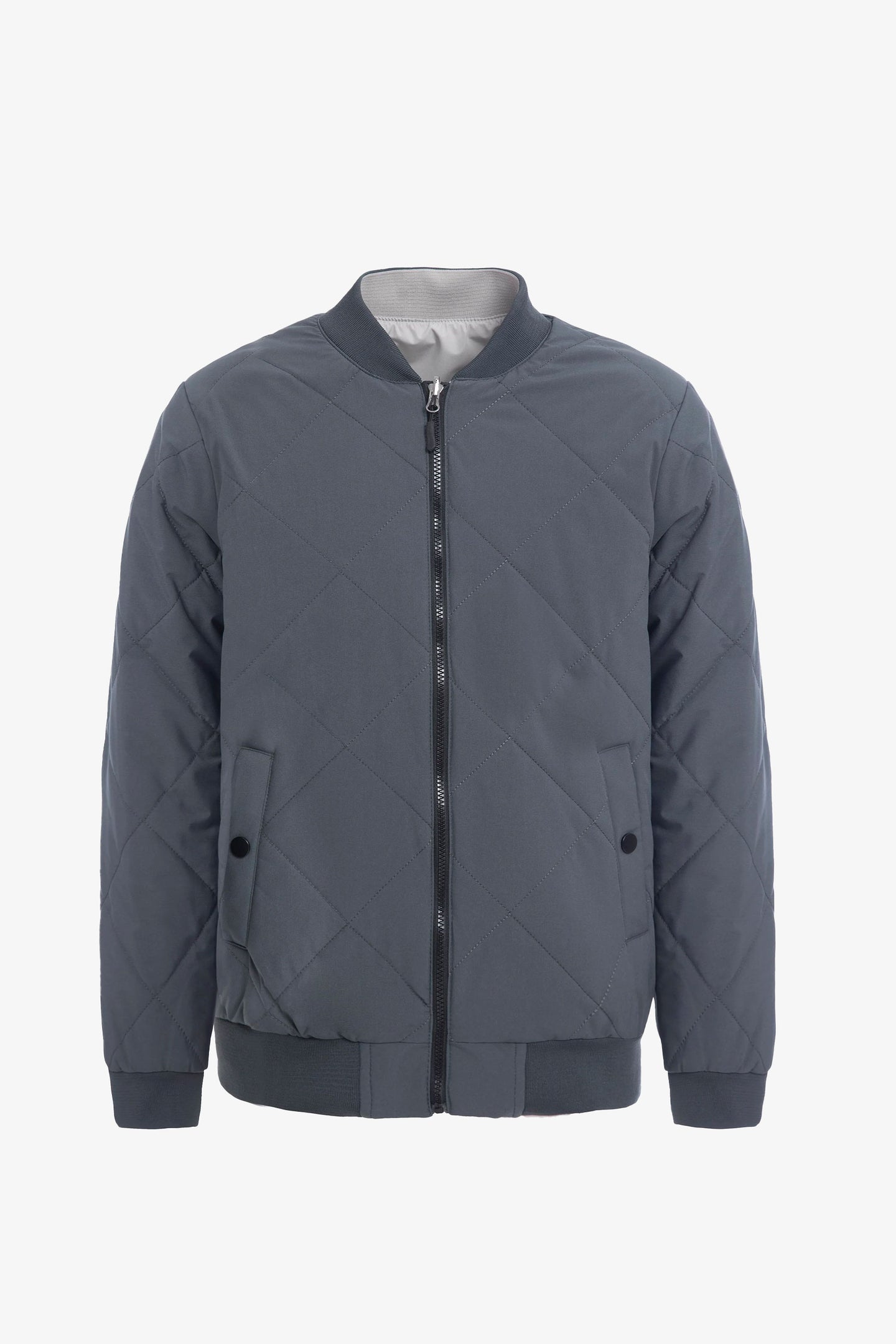 Chaqueta bomber acolchada ligera reversible 2 en 1 para hombre, color gris y beige.