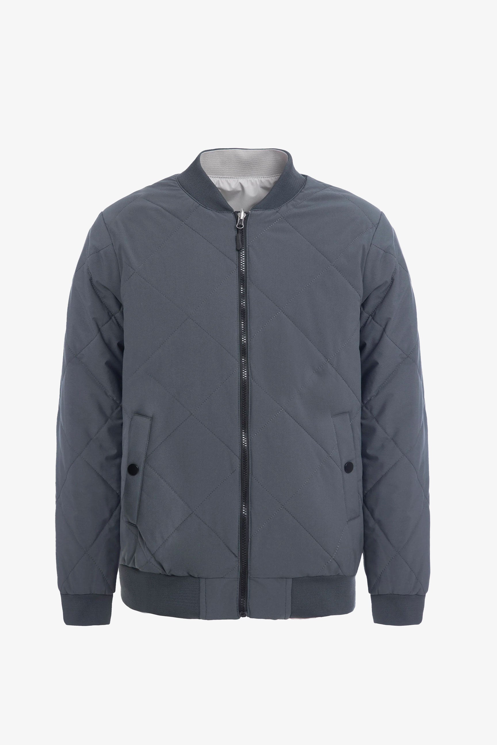 Chaqueta bomber acolchada ligera reversible 2 en 1 para hombre, color gris y beige.