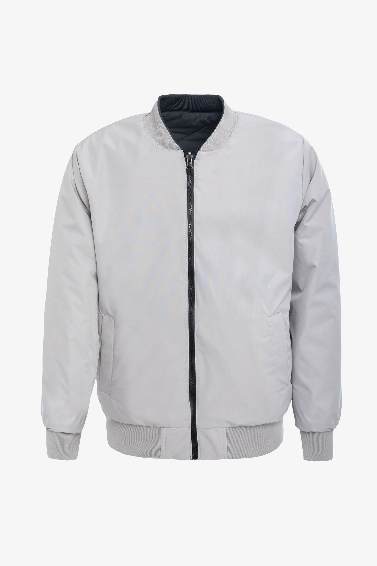 Chaqueta bomber acolchada ligera reversible 2 en 1 para hombre, color gris y beige.