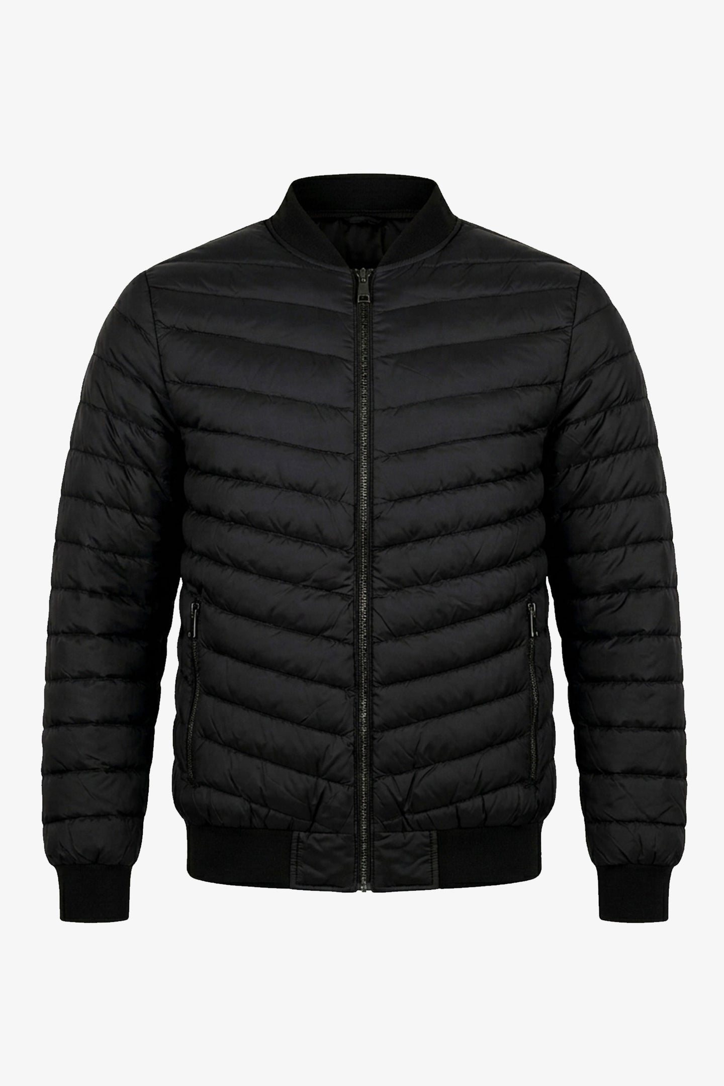 Chaqueta bomber acolchada ligera con cremallera para hombre, color negro.