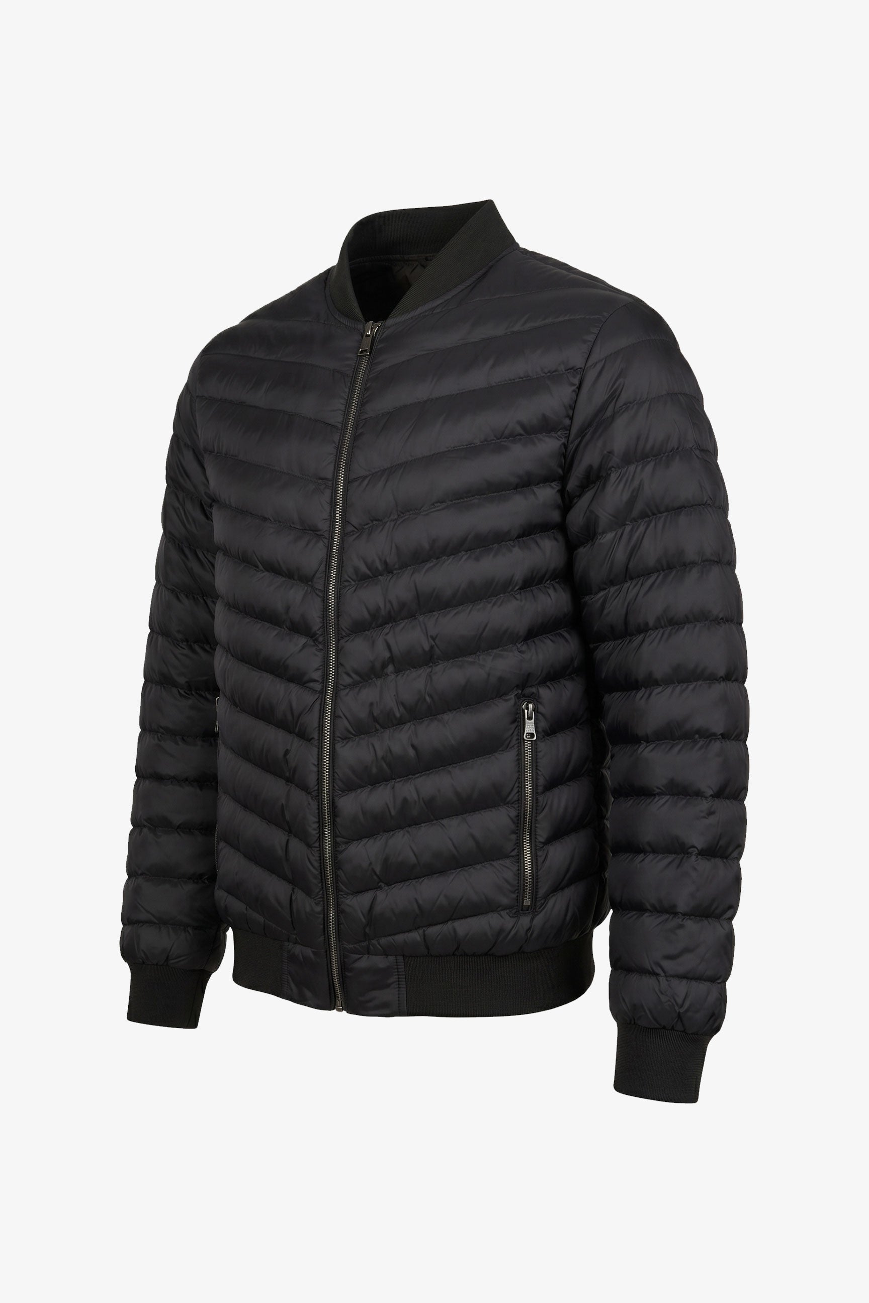 Chaqueta bomber acolchada ligera con cremallera para hombre, color negro.