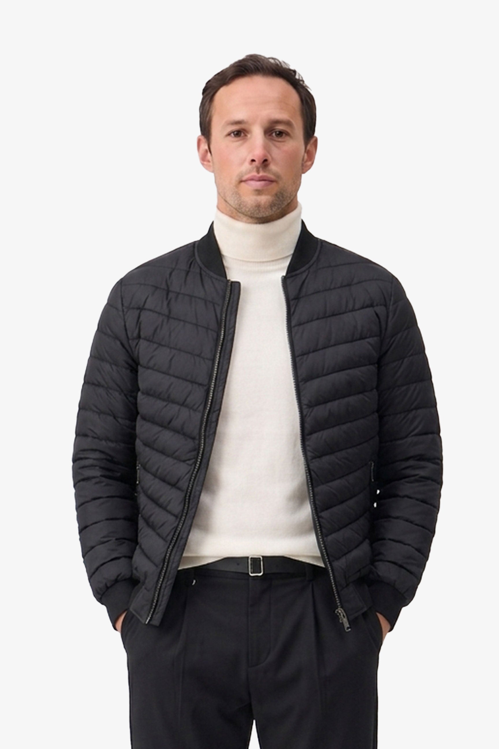 Chaqueta bomber acolchada ligera con cremallera para hombre, color negro.