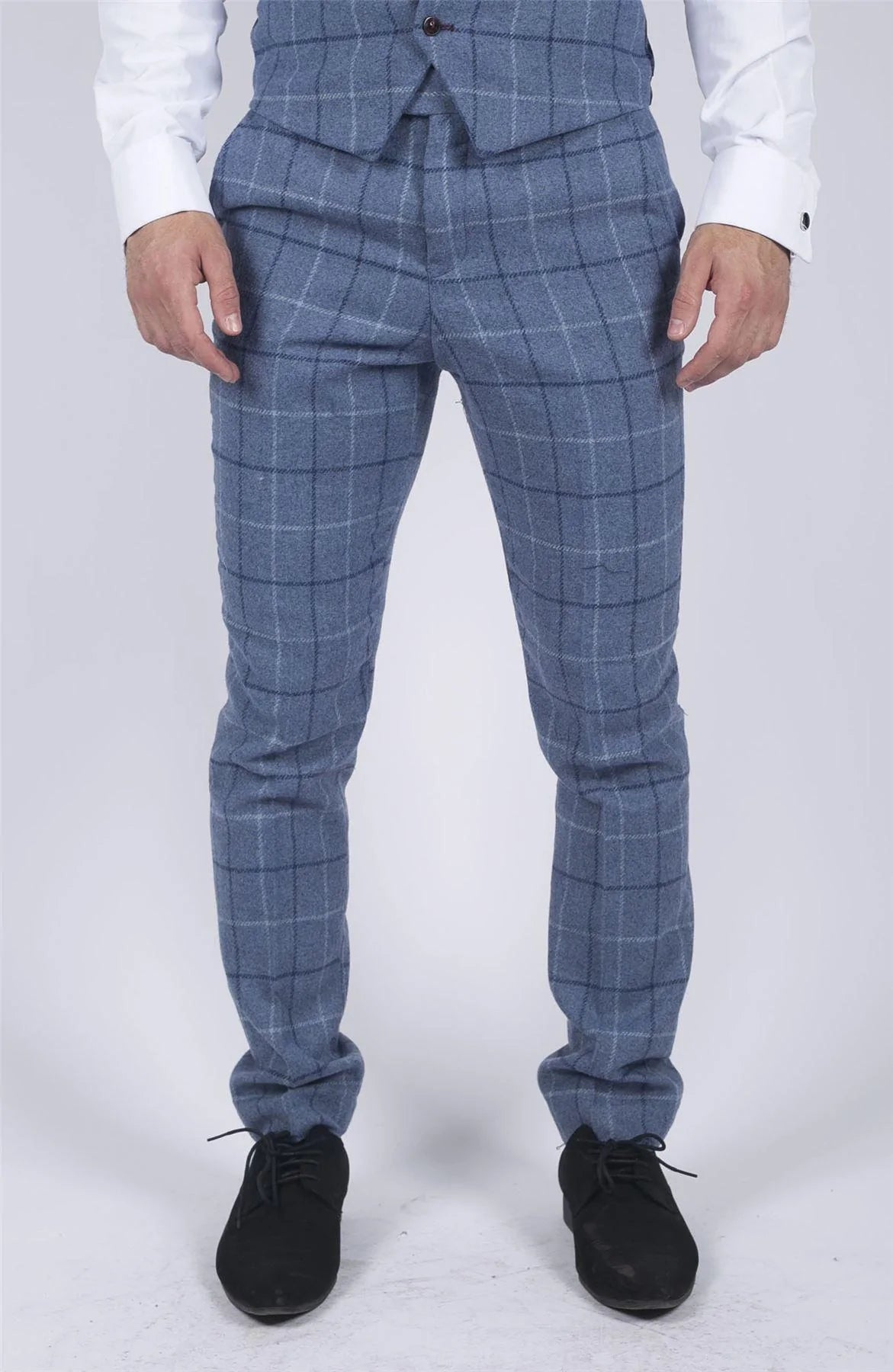 Pantalones de hombre Marc Darcy azul claro a cuadros azul marino, estilo casual elegante, tweed, corte ajustado Clinton