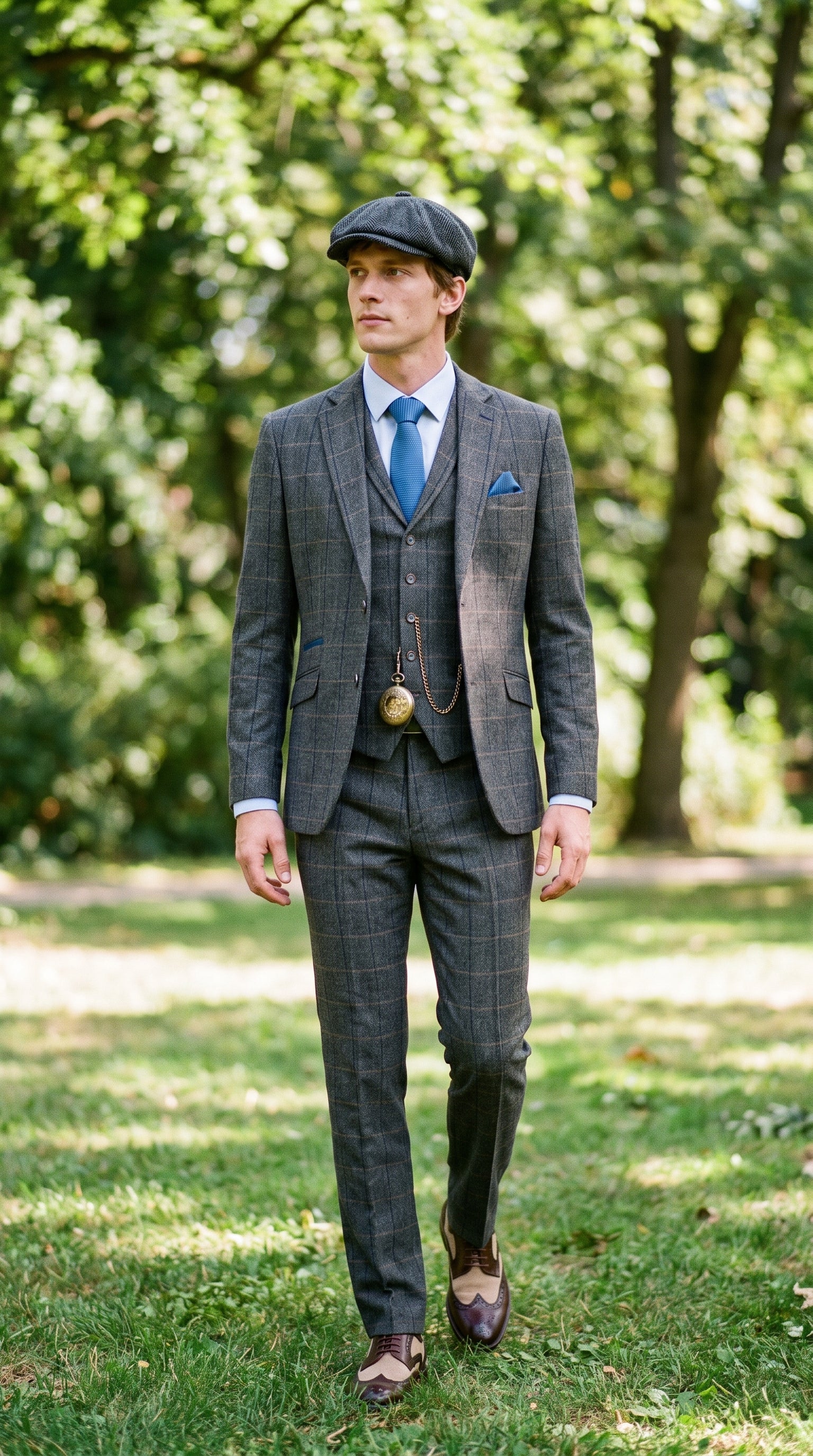 Look #132 styled with Cavani Albert - Traje de tres piezas para hombre de tweed con estampado de espiga - Carbón