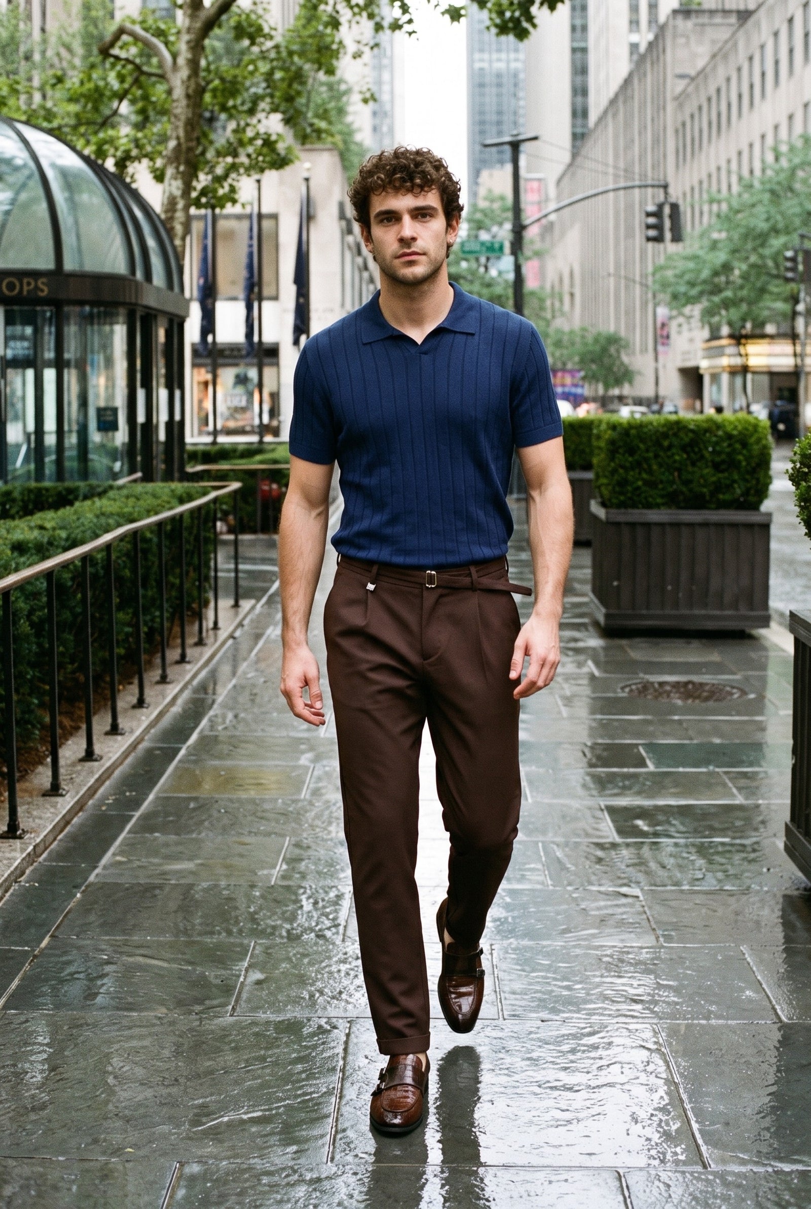 Look #907 styled with Polo de punto acanalado azul marino para hombre