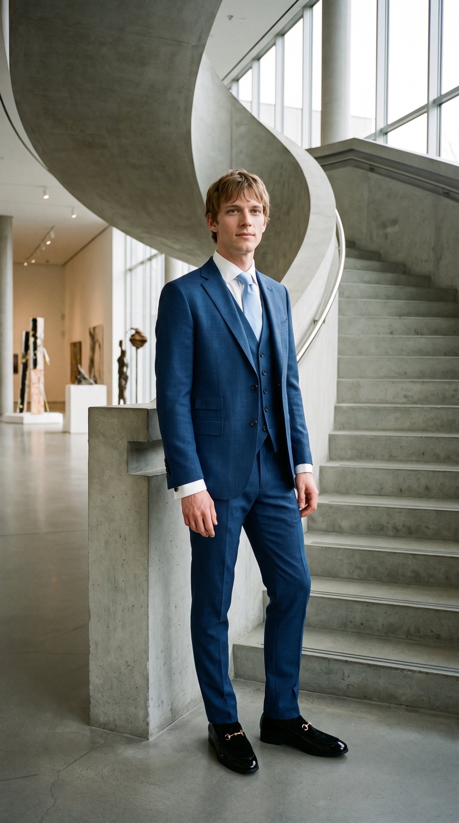Look #842 styled with Traje de lino azul para hombre, ideal para verano.
