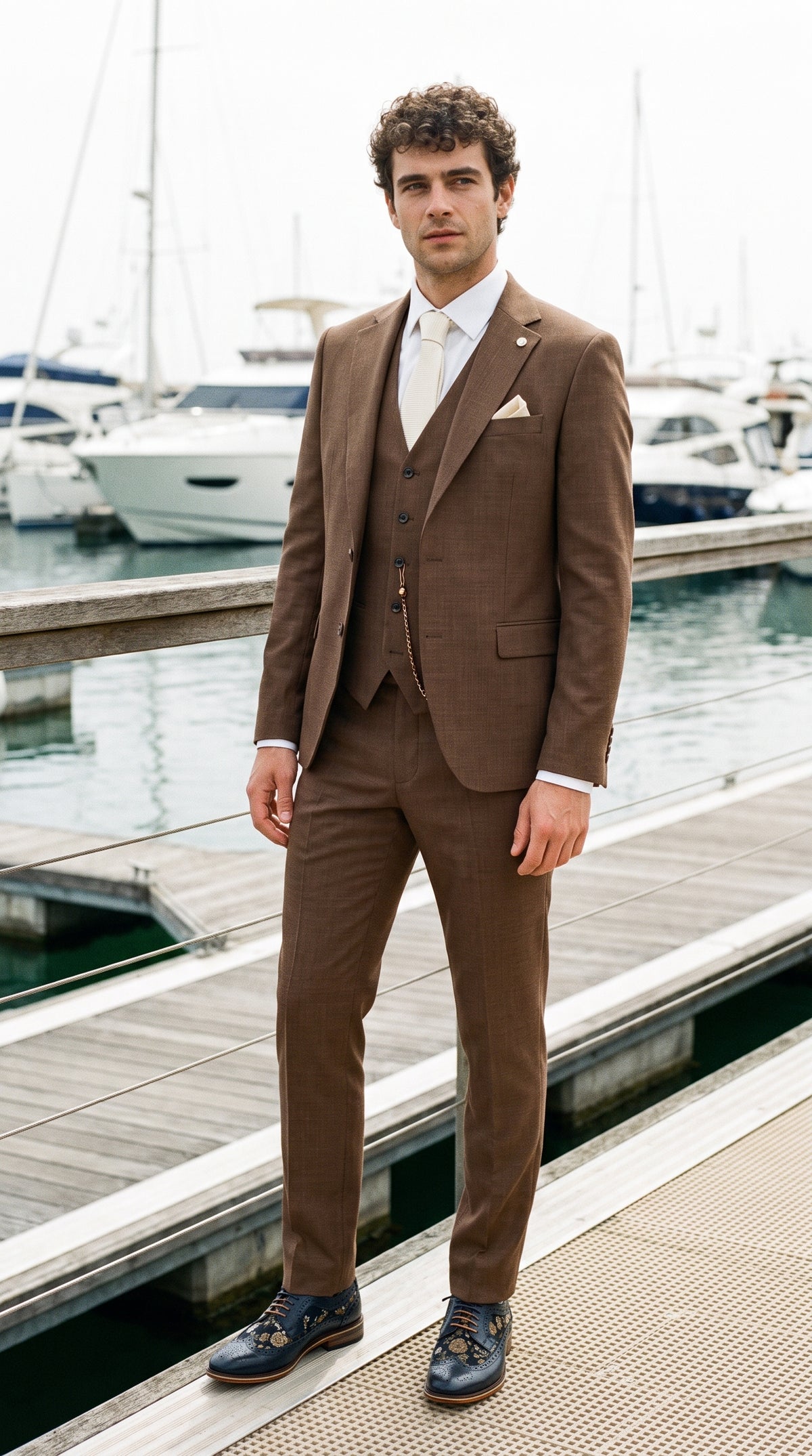 Look #307 styled with Traje de hombre James de 3 piezas, color marrón liso, corte clásico.