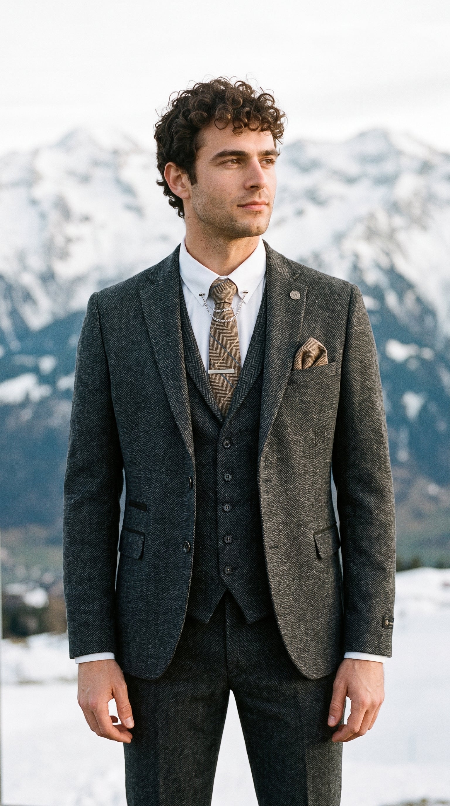 Look #637 styled with Traje de hombre de 3 piezas de tweed con estampado de espiga en color gris carbón - STZ11