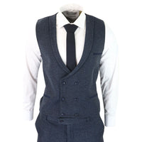 Traje de tres piezas para hombre de tweed azul con estampado de espiga.