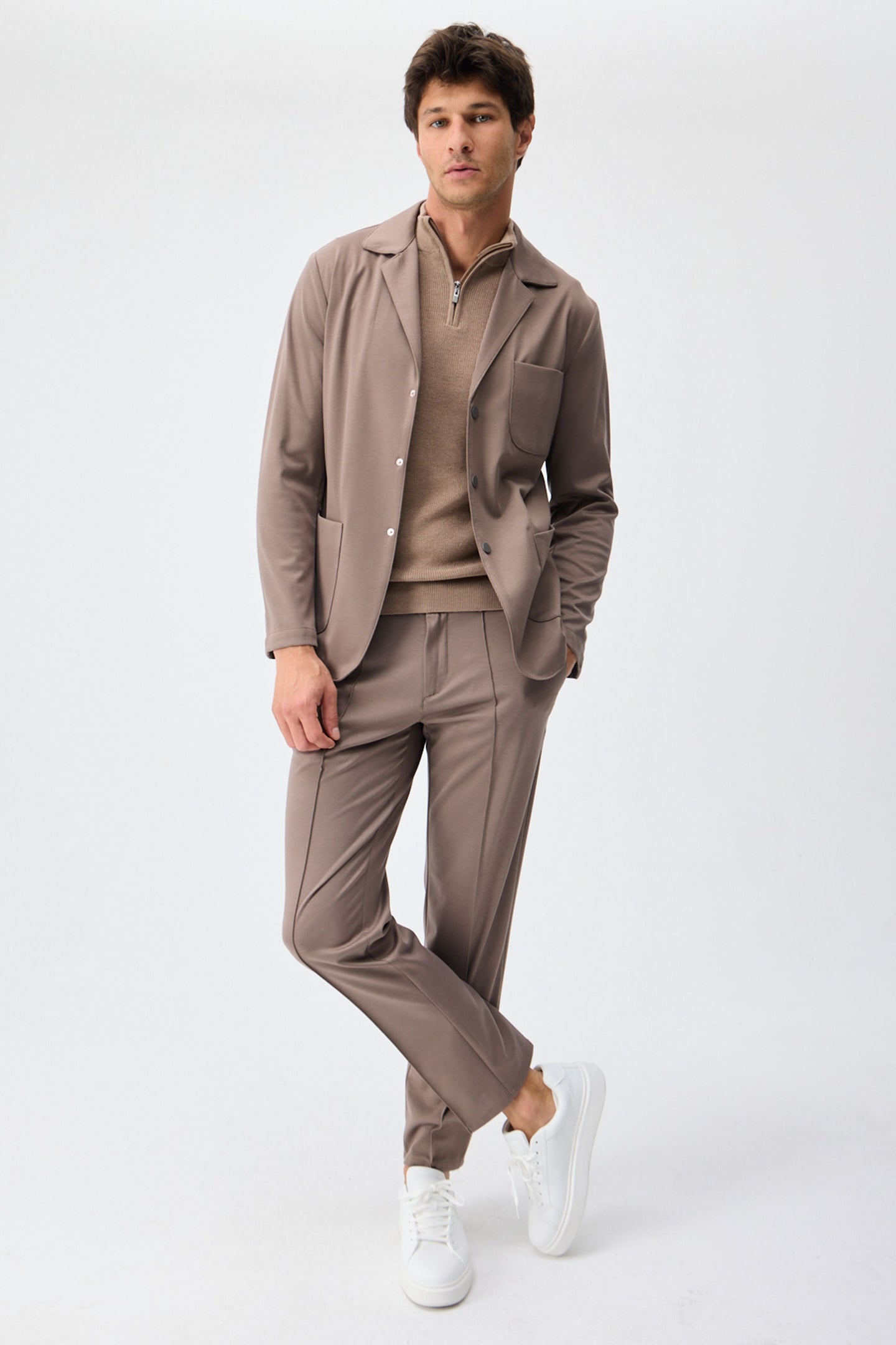 Blazer de punto suave color marrón topo para hombre, chaqueta elegante e informal