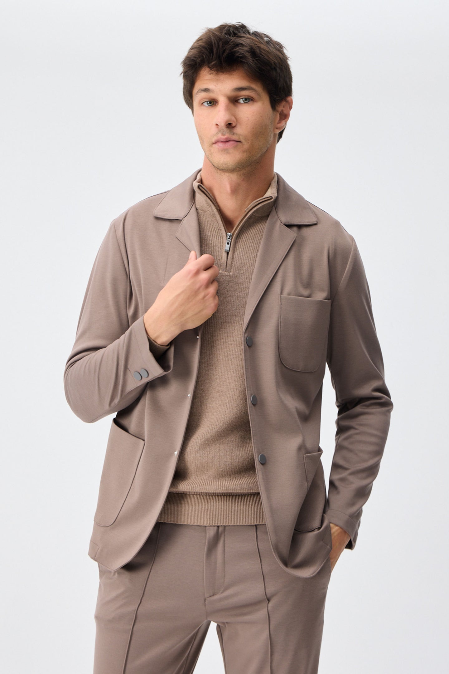 Blazer de punto suave color marrón topo para hombre, chaqueta elegante e informal