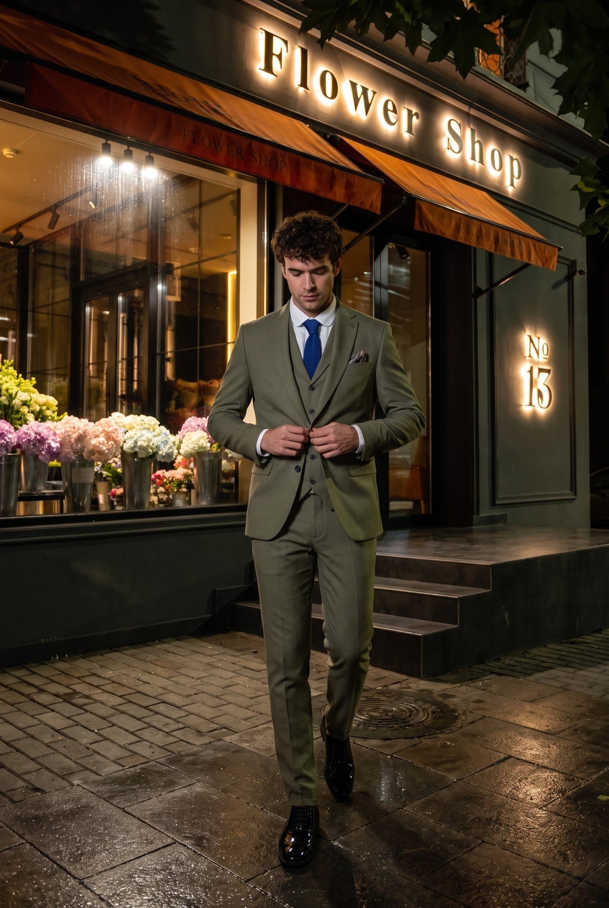 Look #158 styled with Traje de boda de verano de lino de 3 piezas para hombre TP-22, color verde salvia.