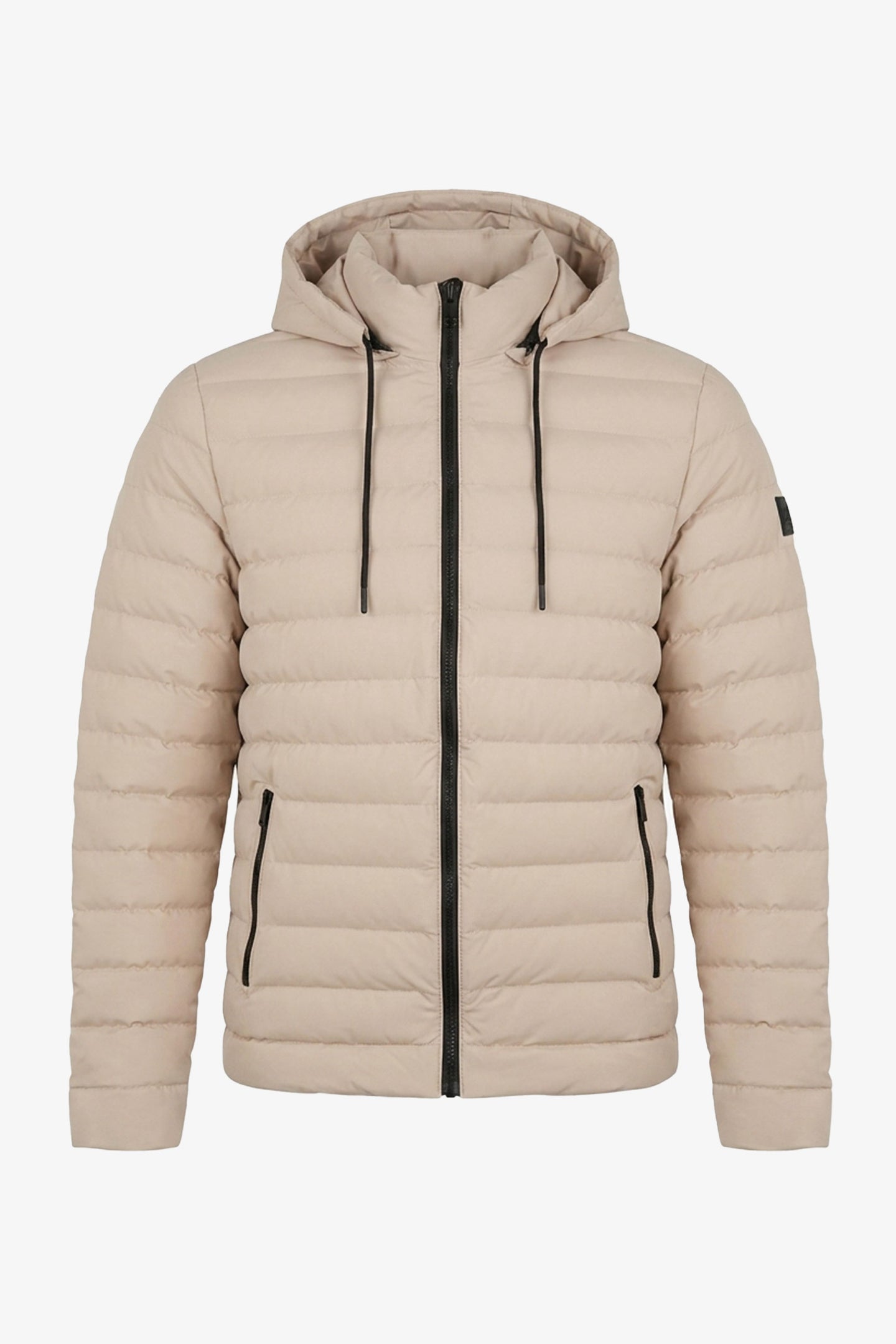 Chaqueta acolchada ligera con capucha y cremallera para hombre, color beige.