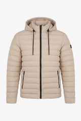 Chaqueta acolchada ligera con capucha y cremallera para hombre, color beige.