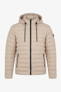 Chaqueta acolchada ligera con capucha y cremallera para hombre, color beige.