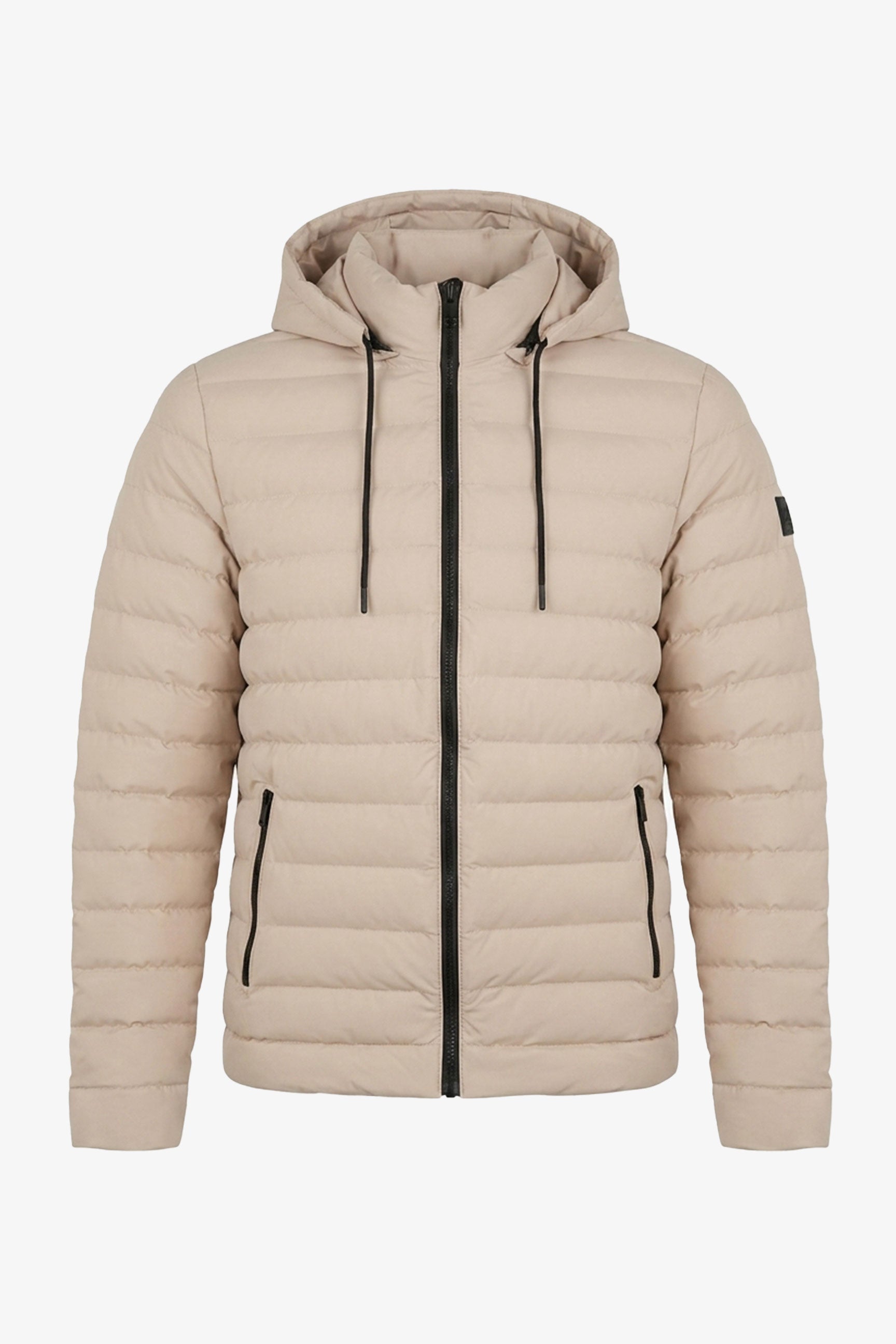 Chaqueta acolchada ligera con capucha y cremallera para hombre, color beige.