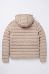 Chaqueta acolchada ligera con capucha y cremallera para hombre, color beige.