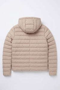Chaqueta acolchada ligera con capucha y cremallera para hombre, color beige.