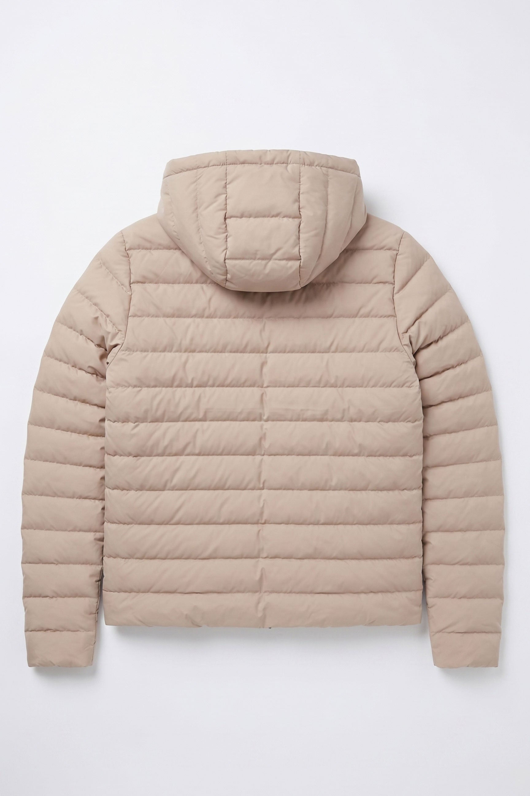 Chaqueta acolchada ligera con capucha y cremallera para hombre, color beige.