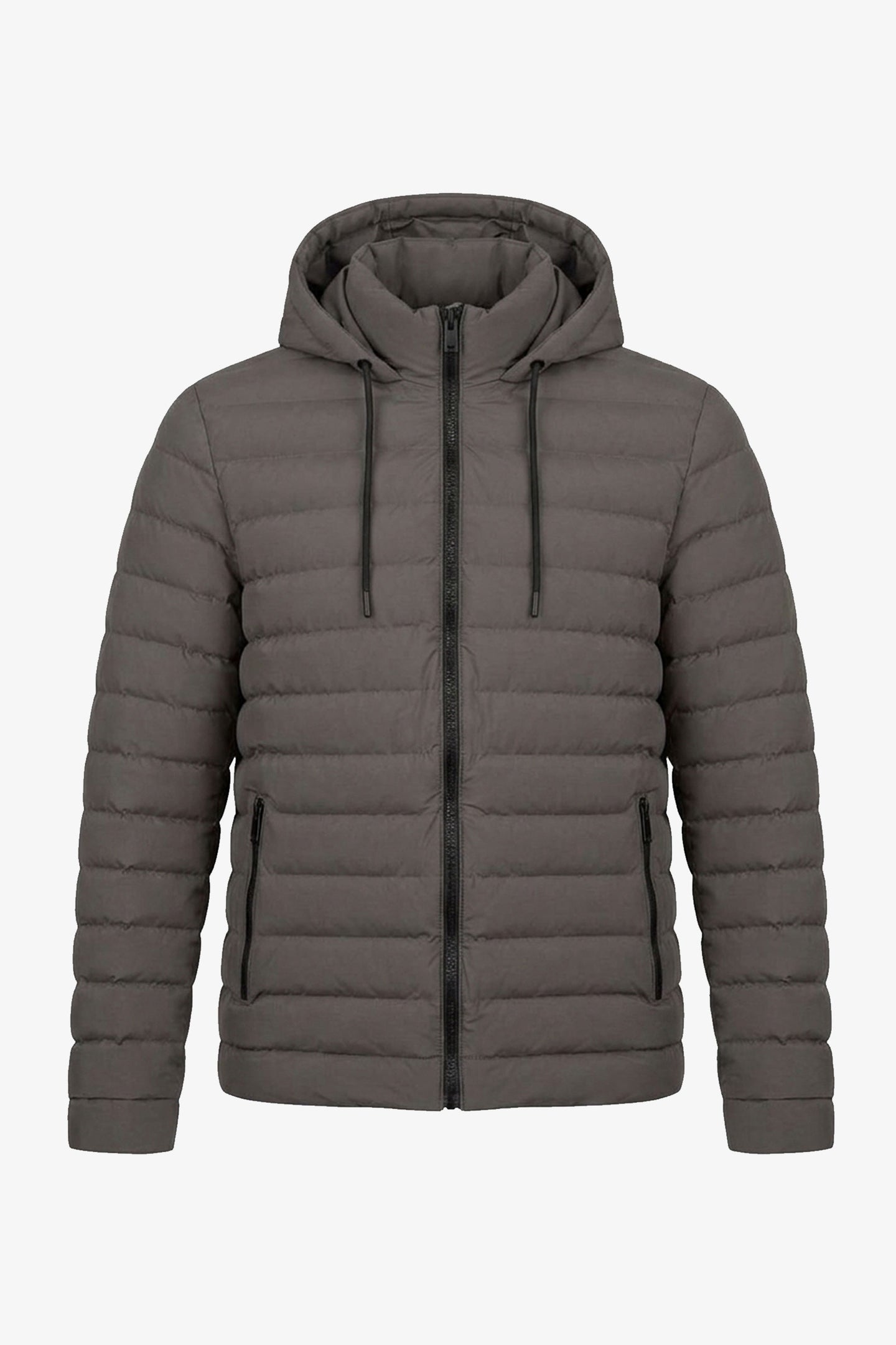 Chaqueta acolchada ligera con capucha y cremallera para hombre, color gris.