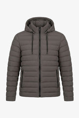 Chaqueta acolchada ligera con capucha y cremallera para hombre, color gris.