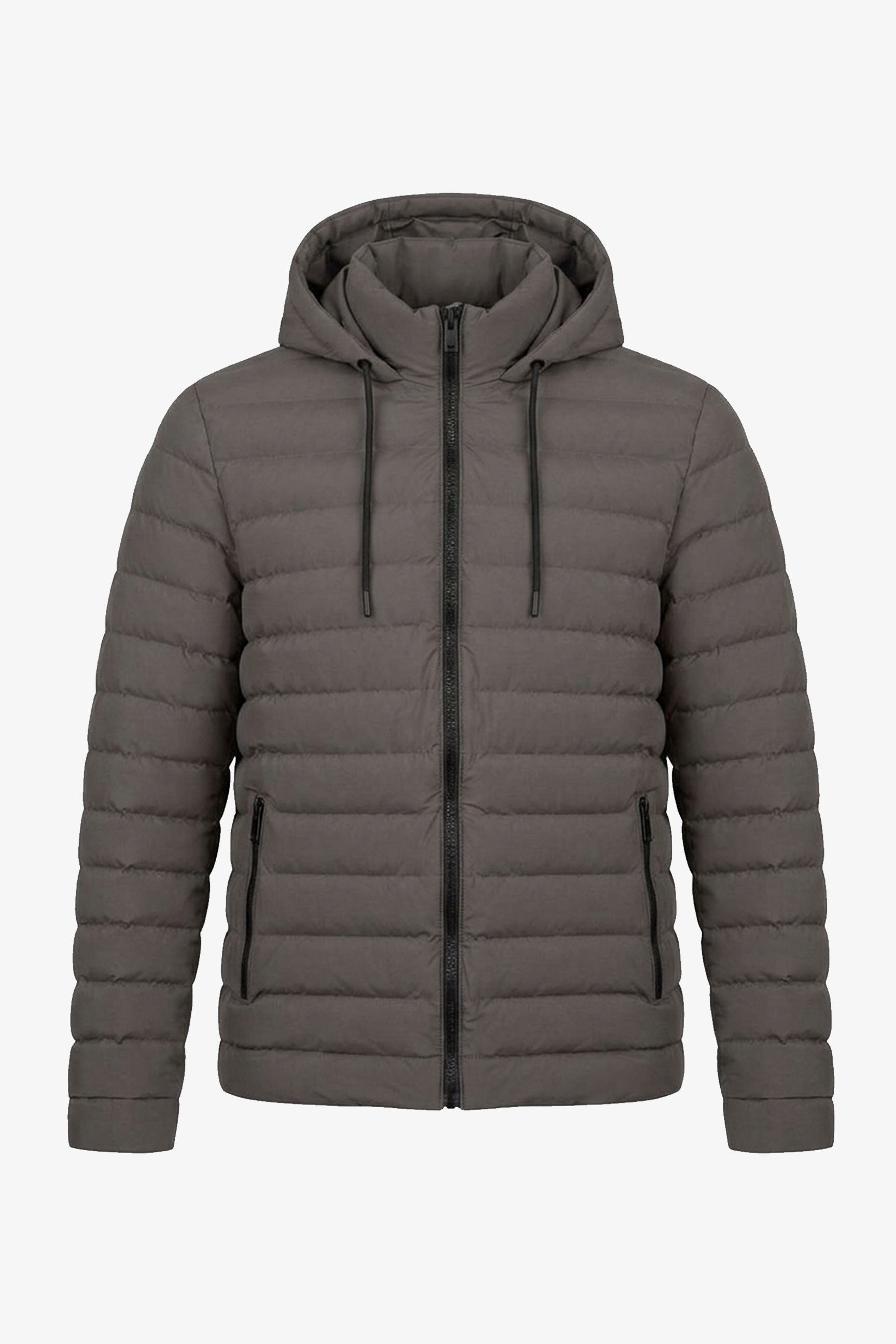 Chaqueta acolchada ligera con capucha y cremallera para hombre, color gris.