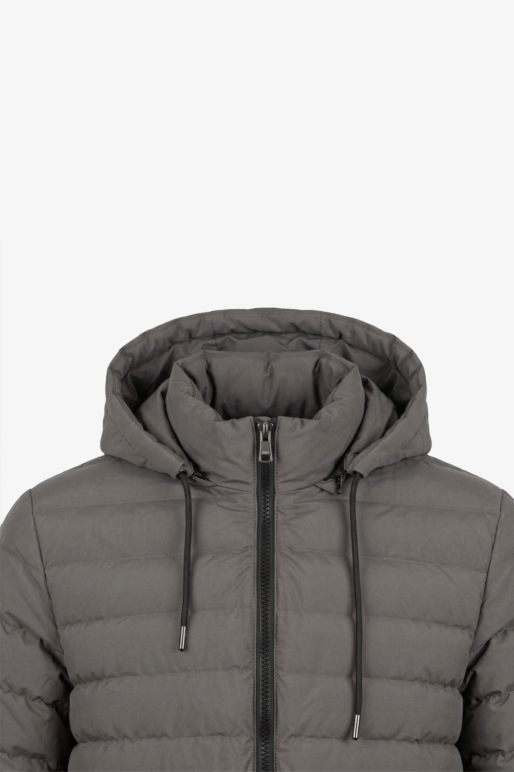 Chaqueta acolchada ligera con capucha y cremallera para hombre, color gris.