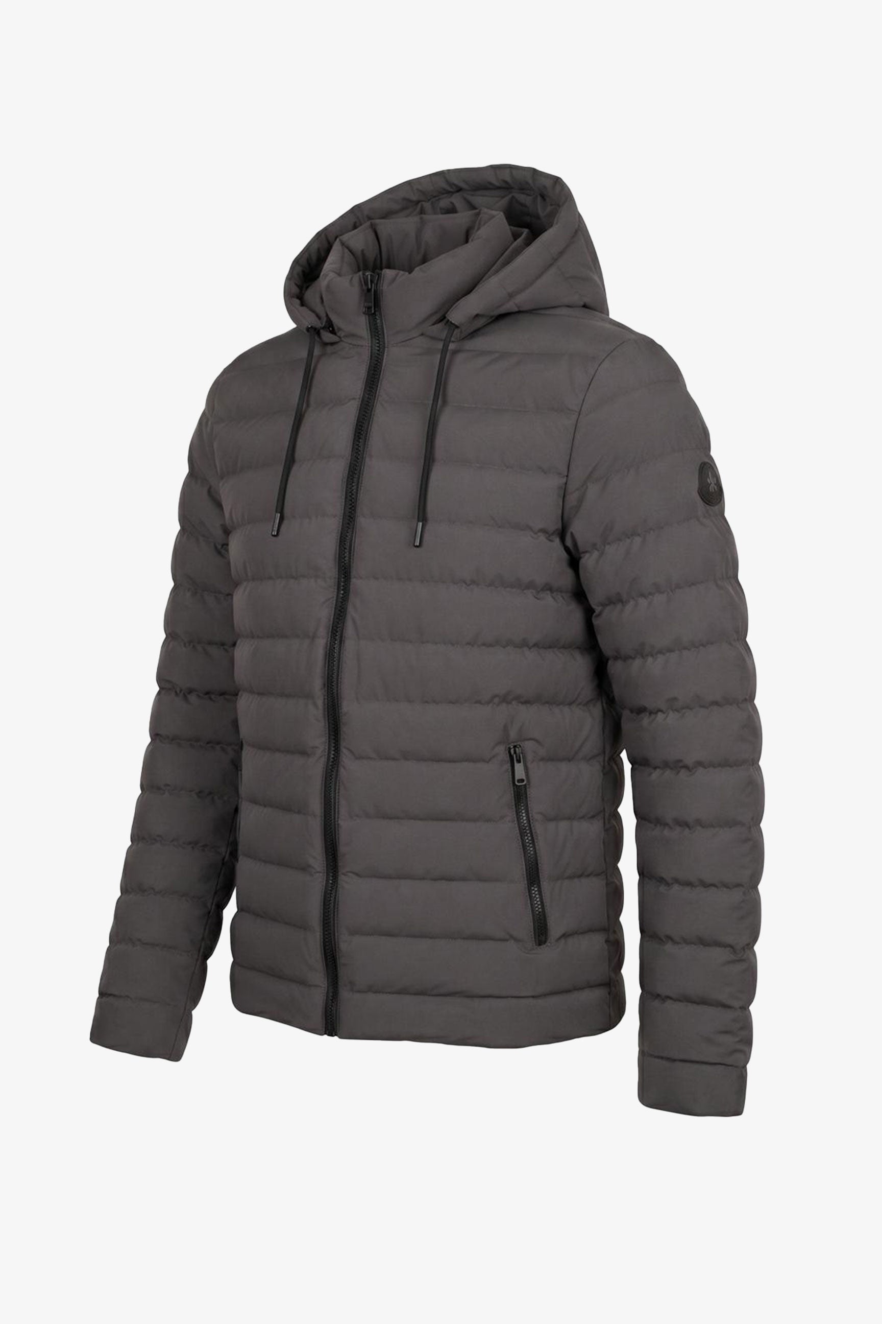 Chaqueta acolchada ligera con capucha y cremallera para hombre, color gris.