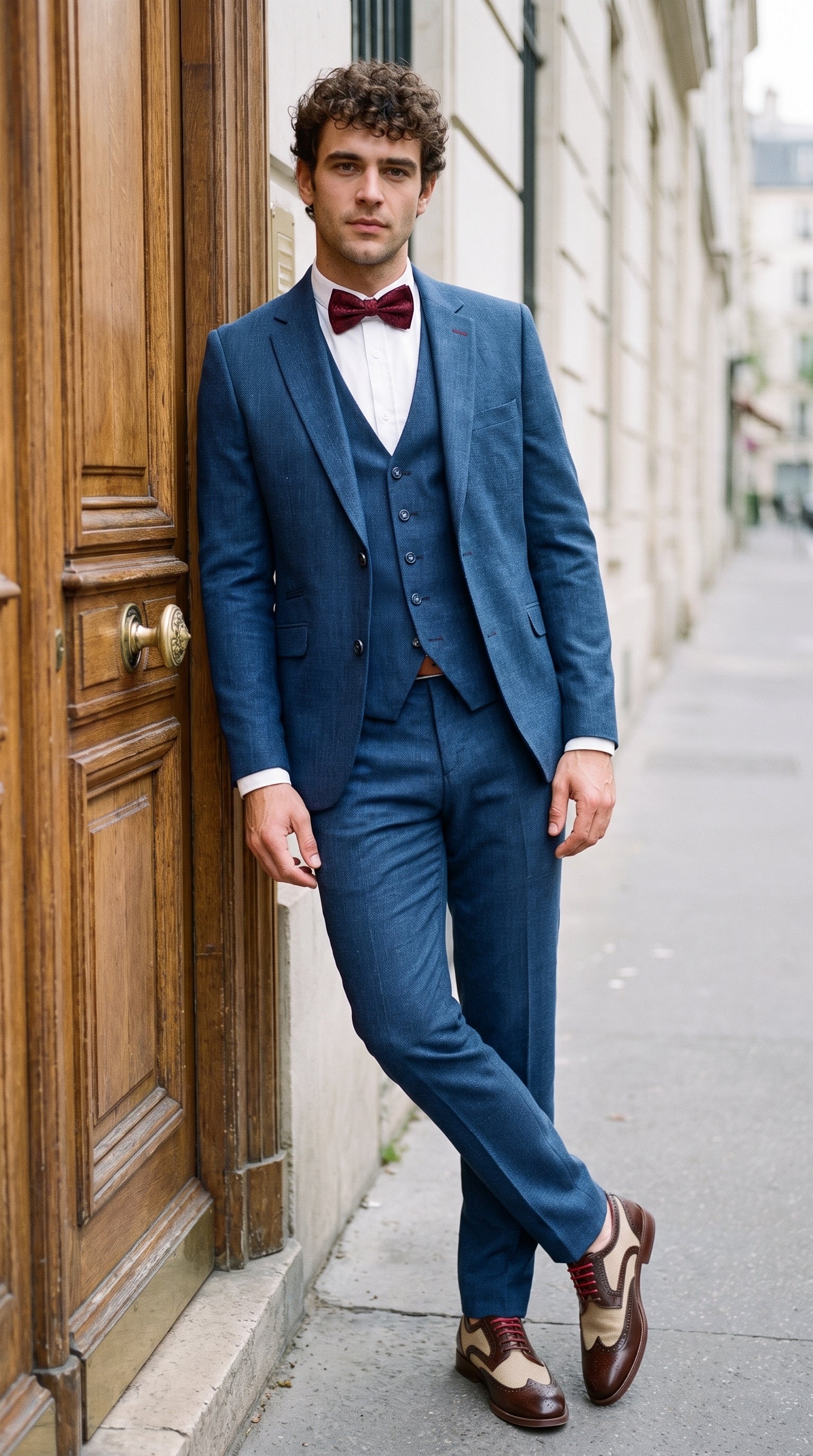 Look #839 styled with Traje de lino azul para hombre, ideal para verano.