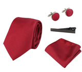 Conjunto de regalo de corbata roja texturizada de seda satinada con pañuelo de bolsillo, gemelos y corbata de satén mate.