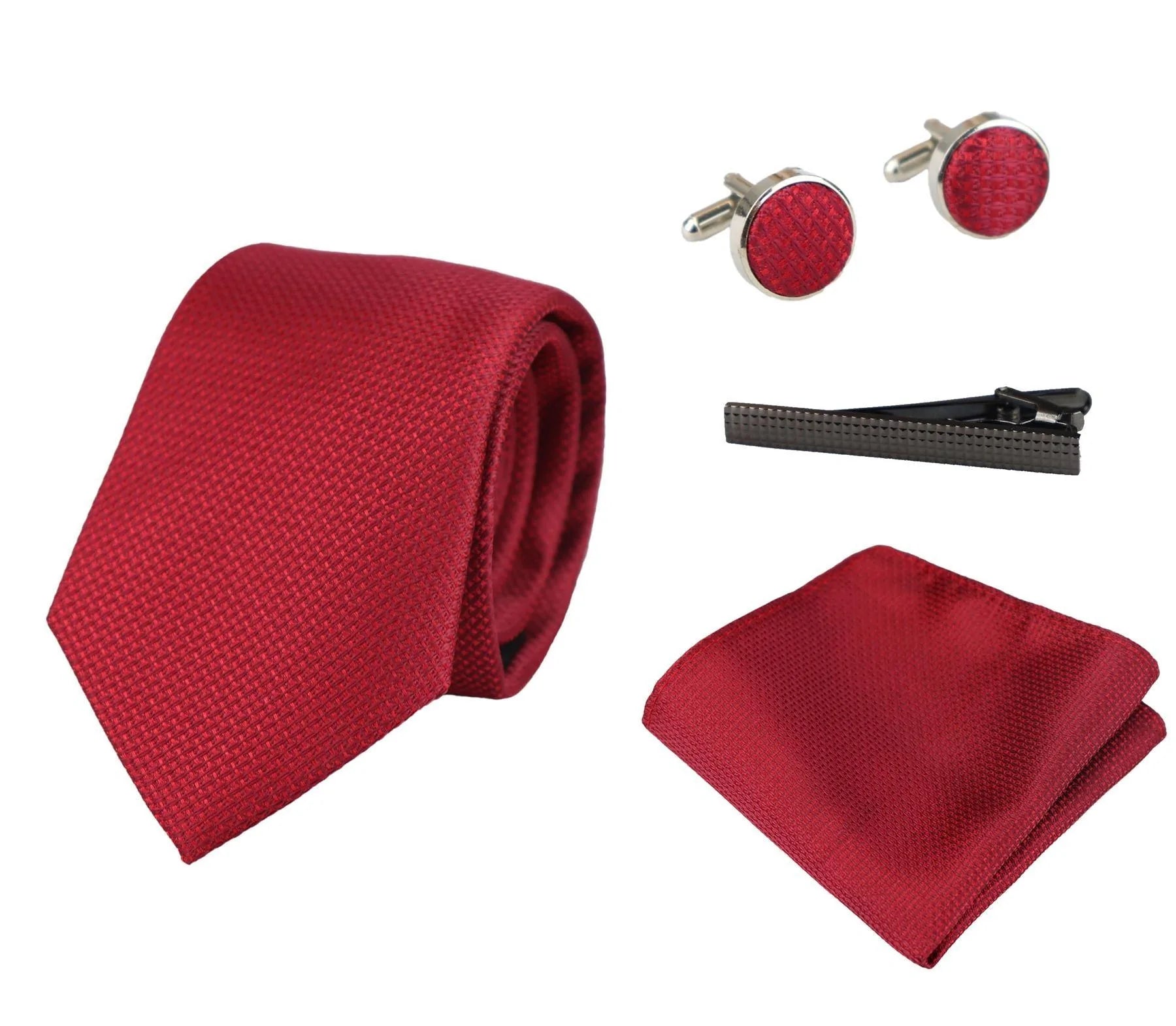 Conjunto de regalo de corbata roja texturizada de seda satinada con pañuelo de bolsillo, gemelos y corbata de satén mate.