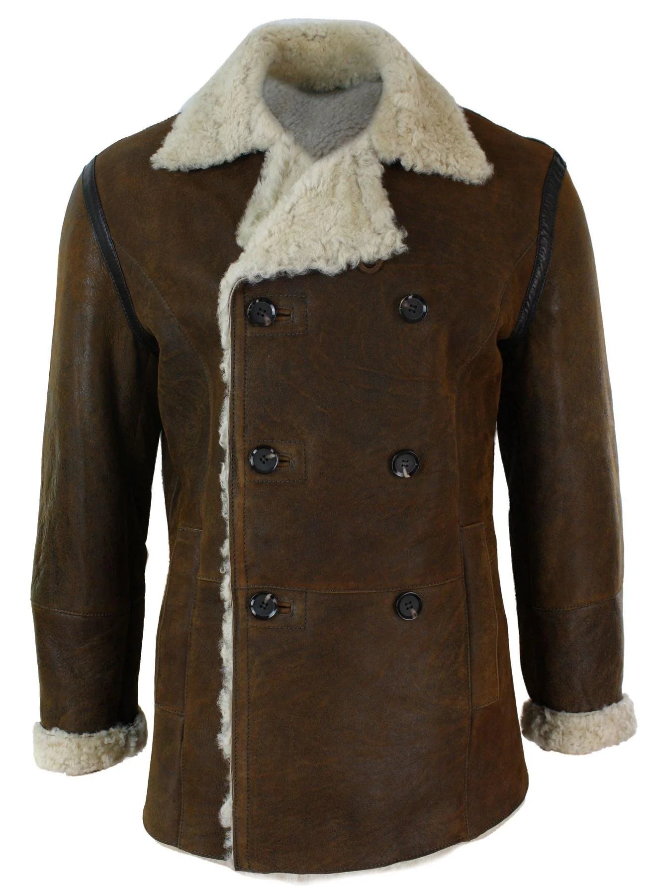 Chaqueta cruzada de piel de oveja auténtica de la Marina Alemana para hombre, color marrón vintage.