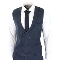 Traje de tres piezas para hombre de tweed azul con estampado de espiga.