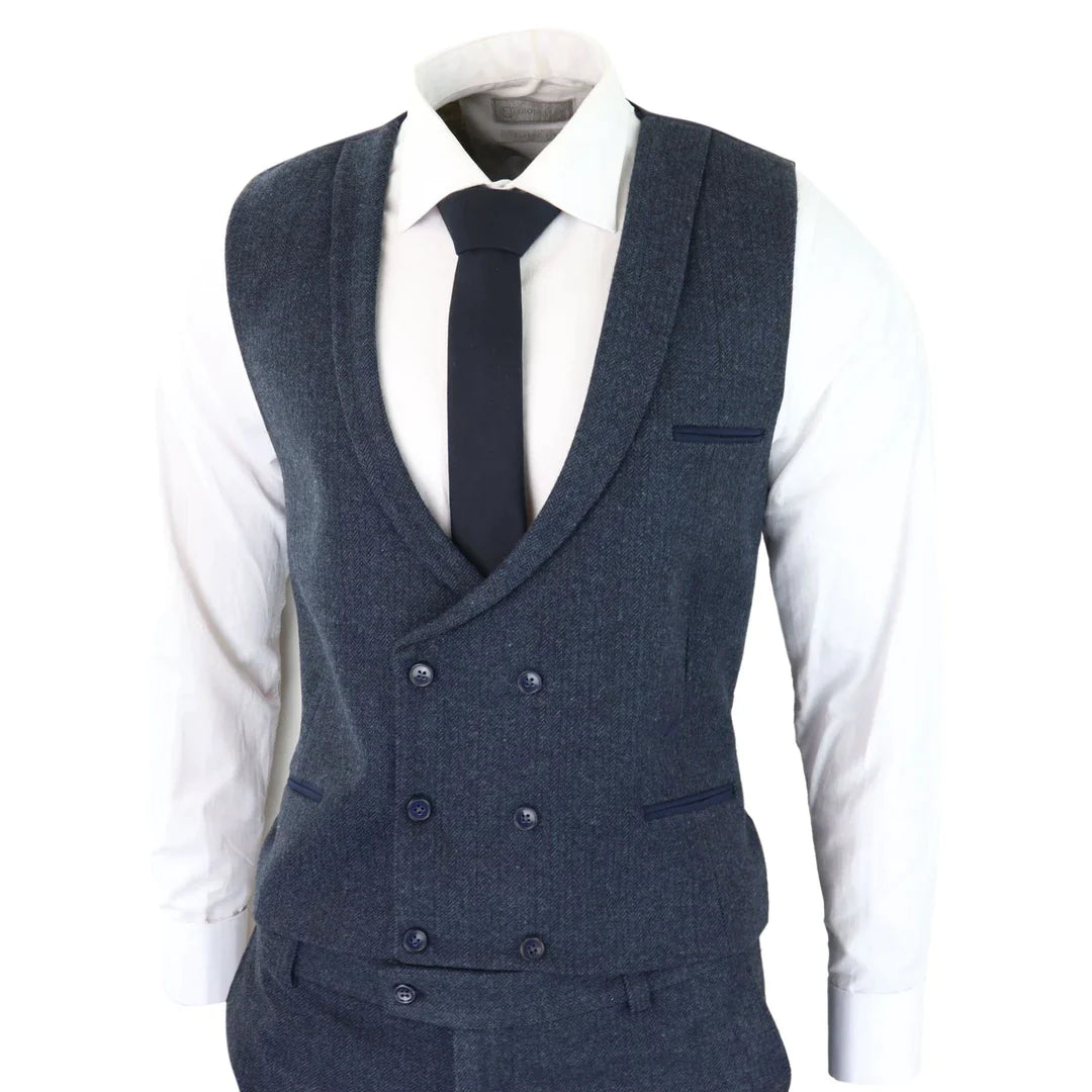 Traje de tres piezas para hombre de tweed azul con estampado de espiga.