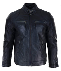 Chaqueta de motociclista negra de cuero genuino para hombre