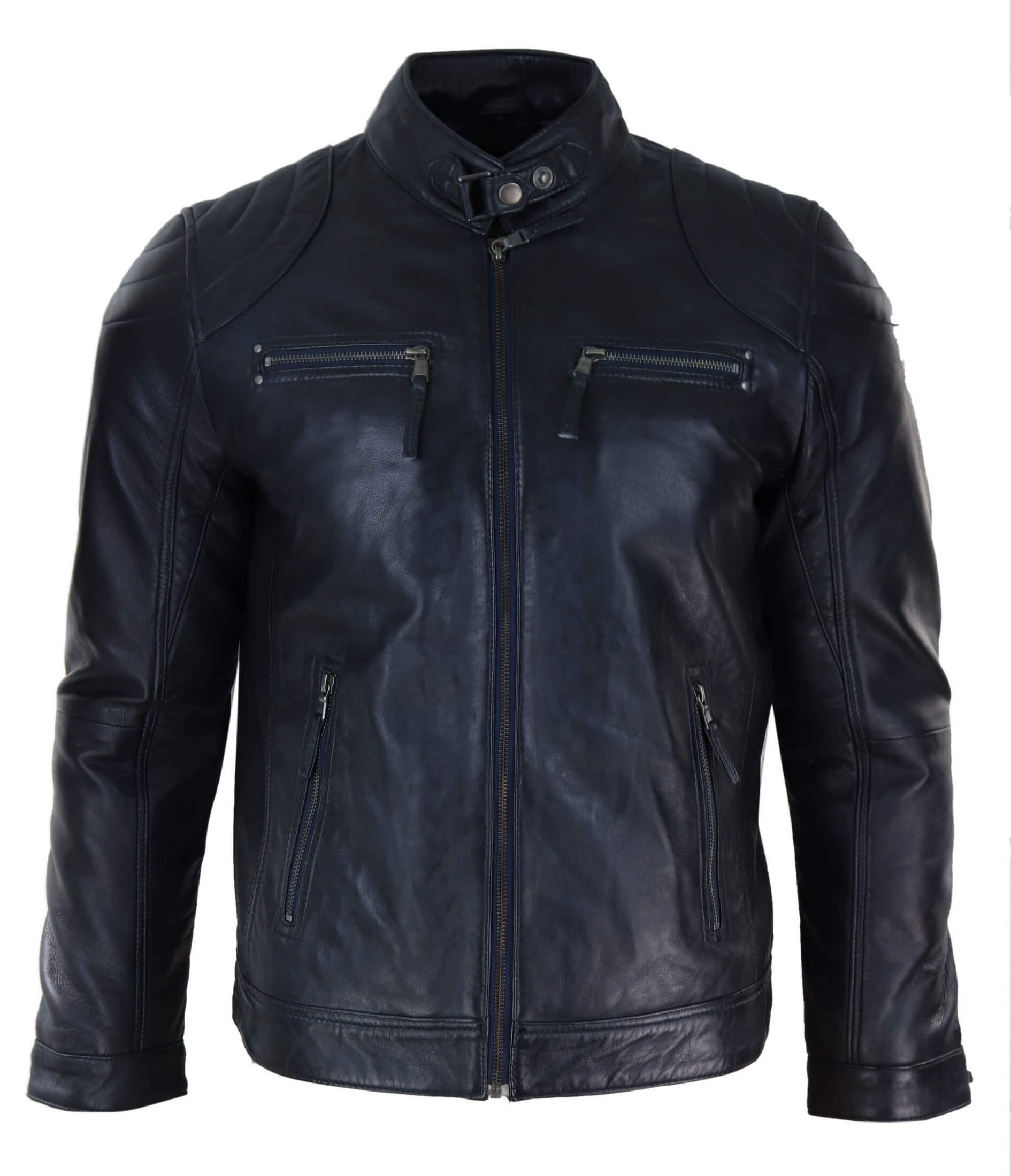 Chaqueta de motociclista negra de cuero genuino para hombre
