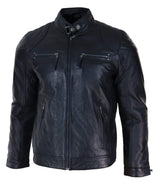 Chaqueta de motociclista negra de cuero genuino para hombre