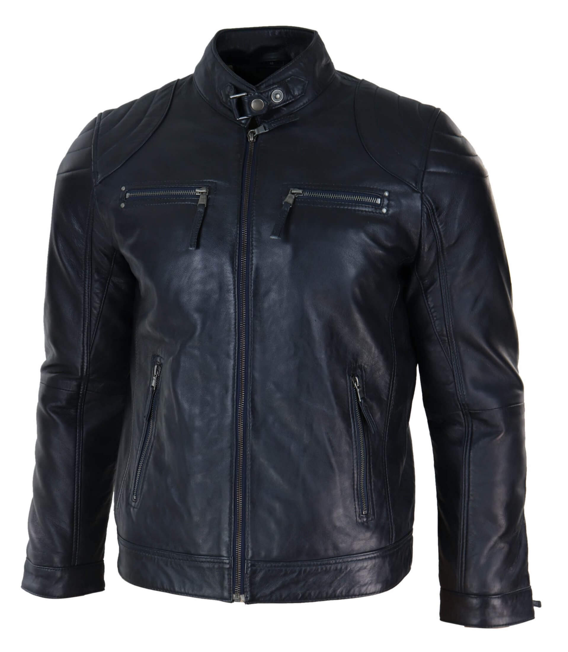 Chaqueta de motociclista negra de cuero genuino para hombre