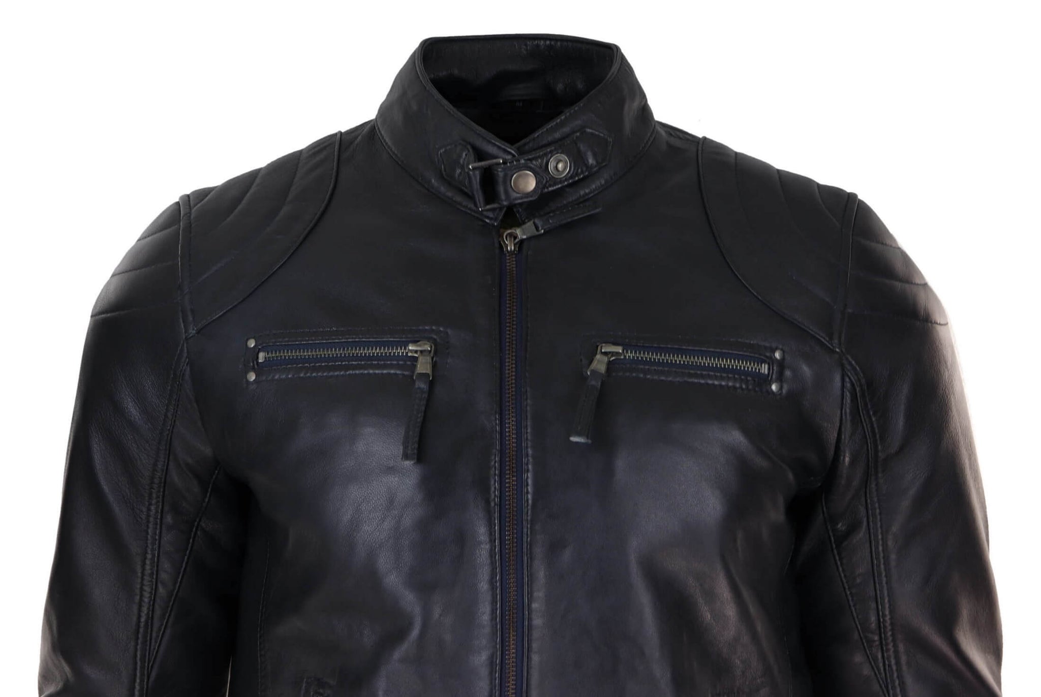 Chaqueta de motociclista negra de cuero genuino para hombre