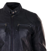 Chaqueta de motociclista negra de cuero genuino para hombre