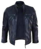 Chaqueta de motociclista negra de cuero genuino para hombre