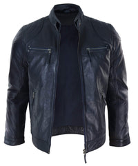 Chaqueta de motociclista negra de cuero genuino para hombre