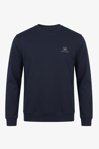Sudadera de manga larga elástica con cuello redondo y mezcla de algodón azul marino para hombre