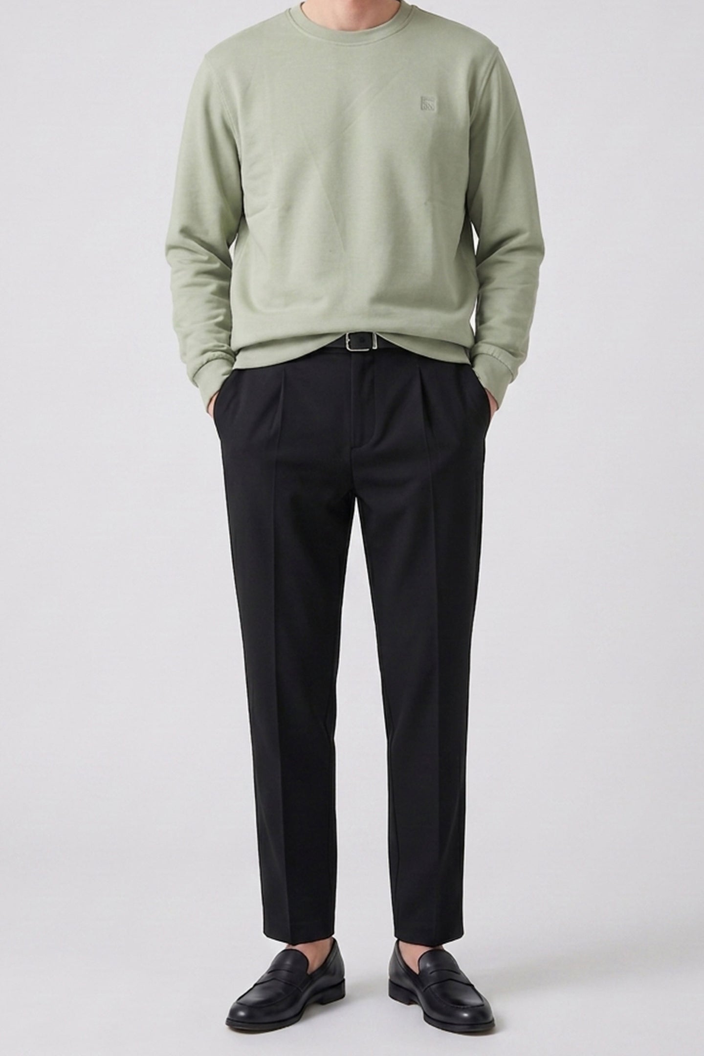 Sudadera de manga larga elástica con cuello redondo y mezcla de algodón verde salvia para hombre