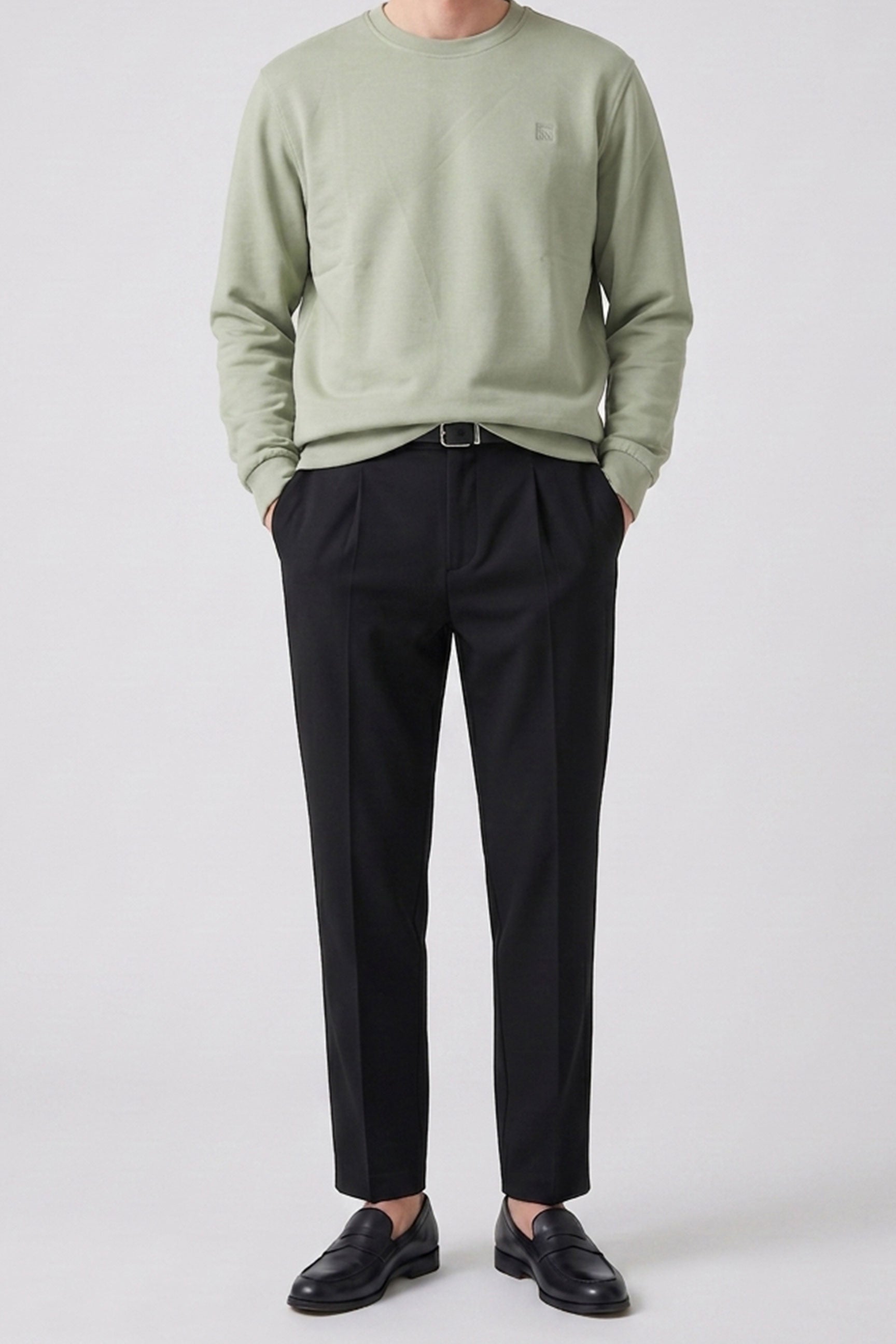 Sudadera de manga larga elástica con cuello redondo y mezcla de algodón verde salvia para hombre
