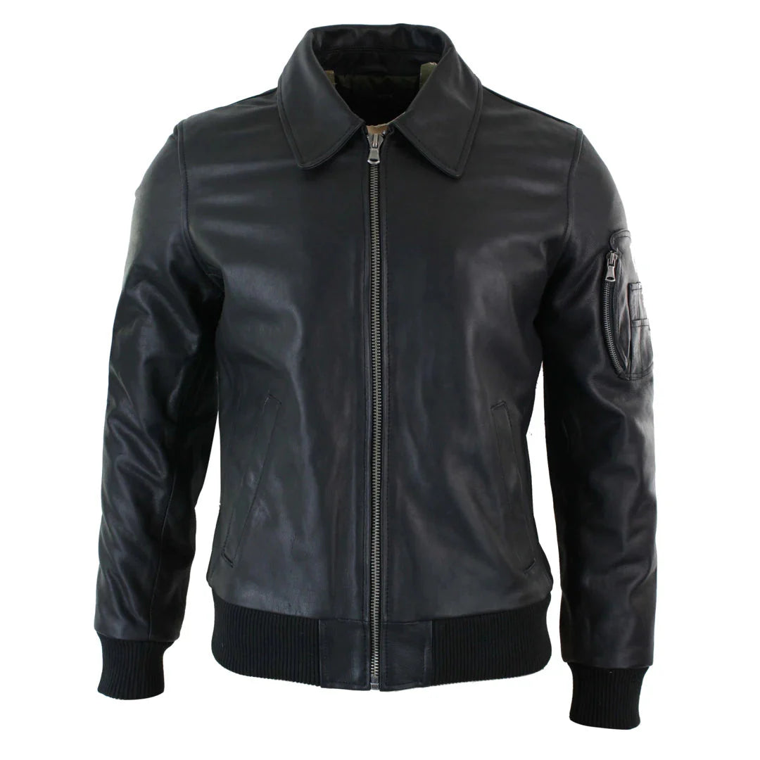 Chaqueta bomber clásica de cuero Harrington negra para hombre
