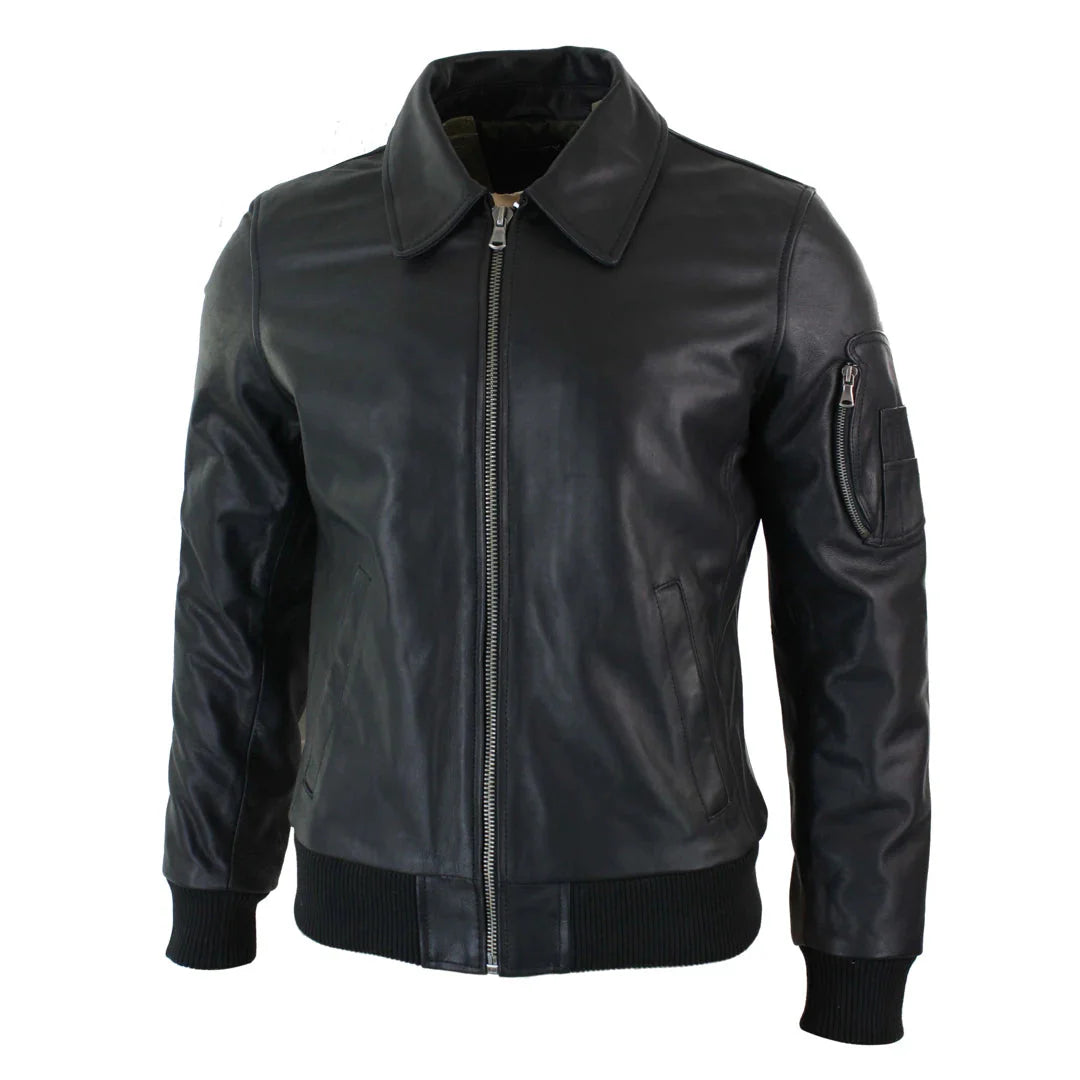 Chaqueta bomber clásica de cuero Harrington negra para hombre