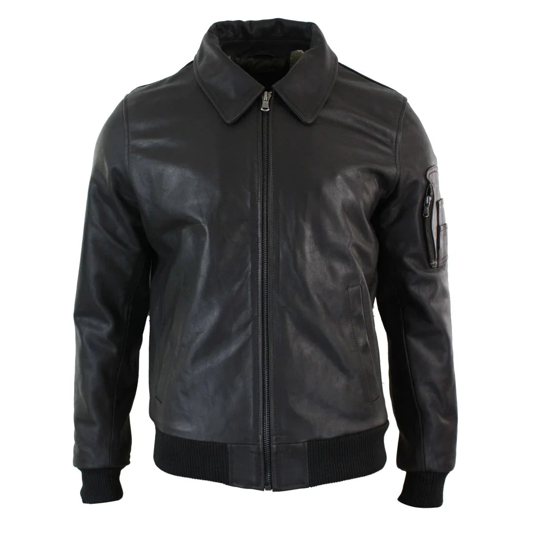 Chaqueta bomber clásica de piloto Harrington de cuero marrón para hombre