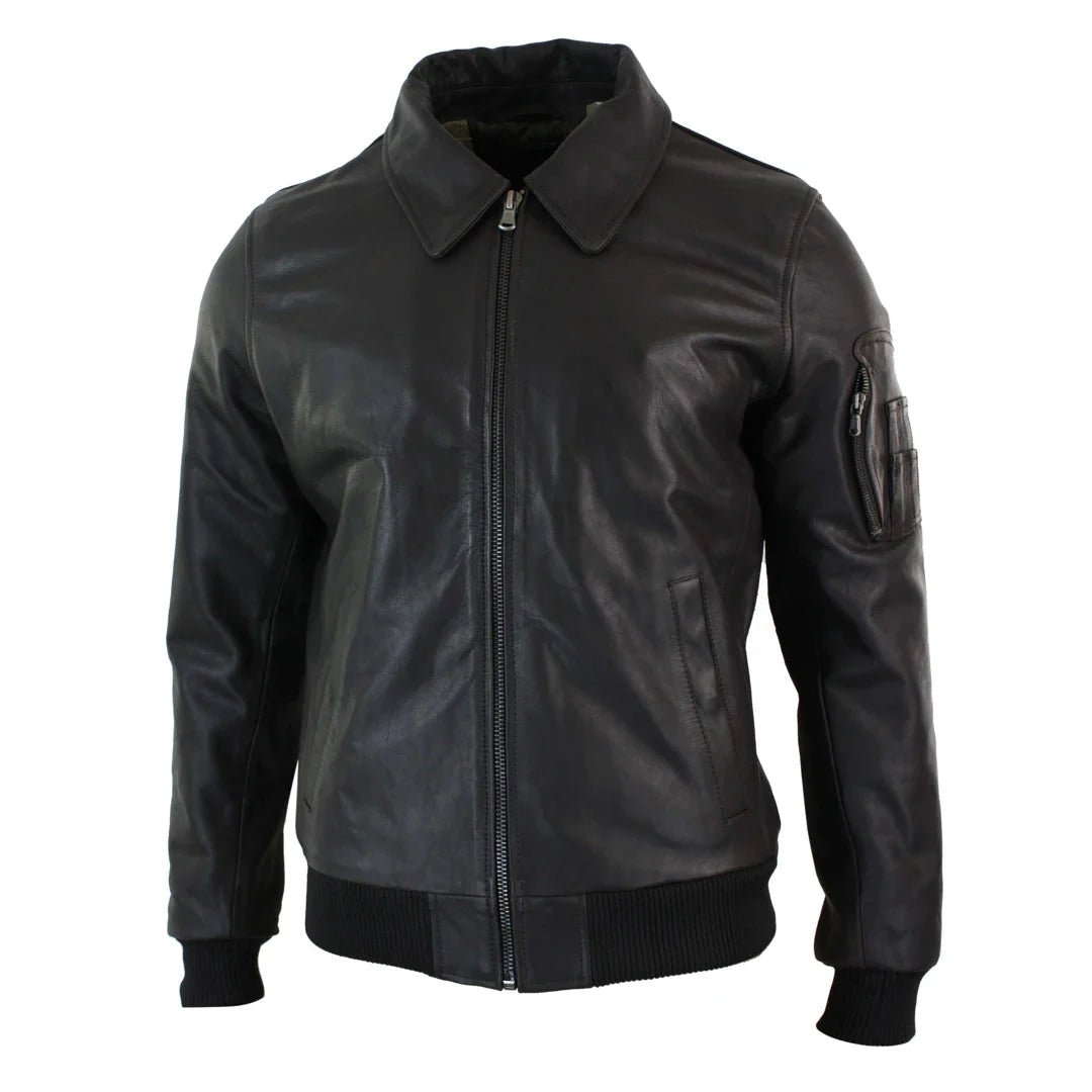 Chaqueta bomber clásica de piloto Harrington de cuero marrón para hombre