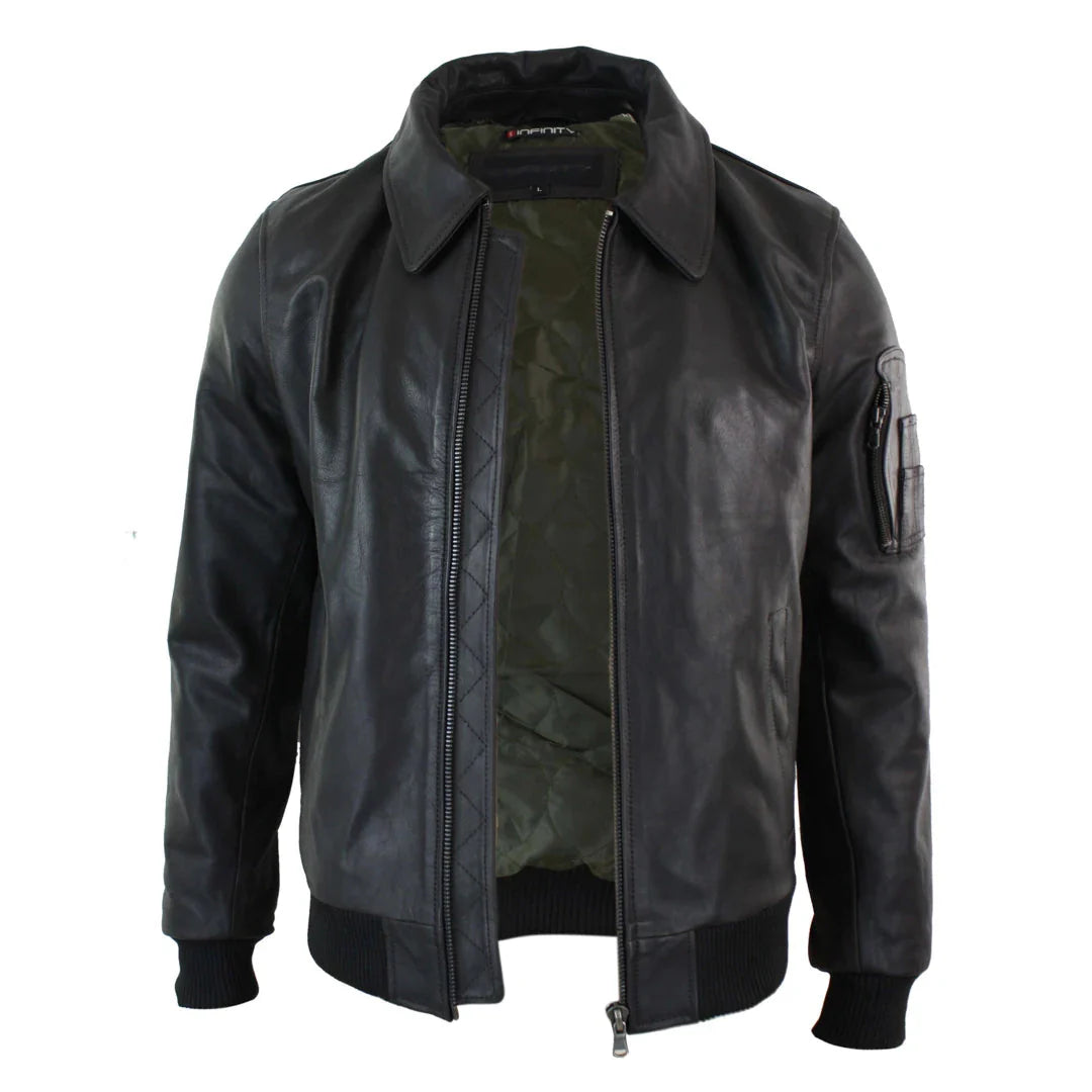 Chaqueta bomber clásica de piloto Harrington de cuero marrón para hombre